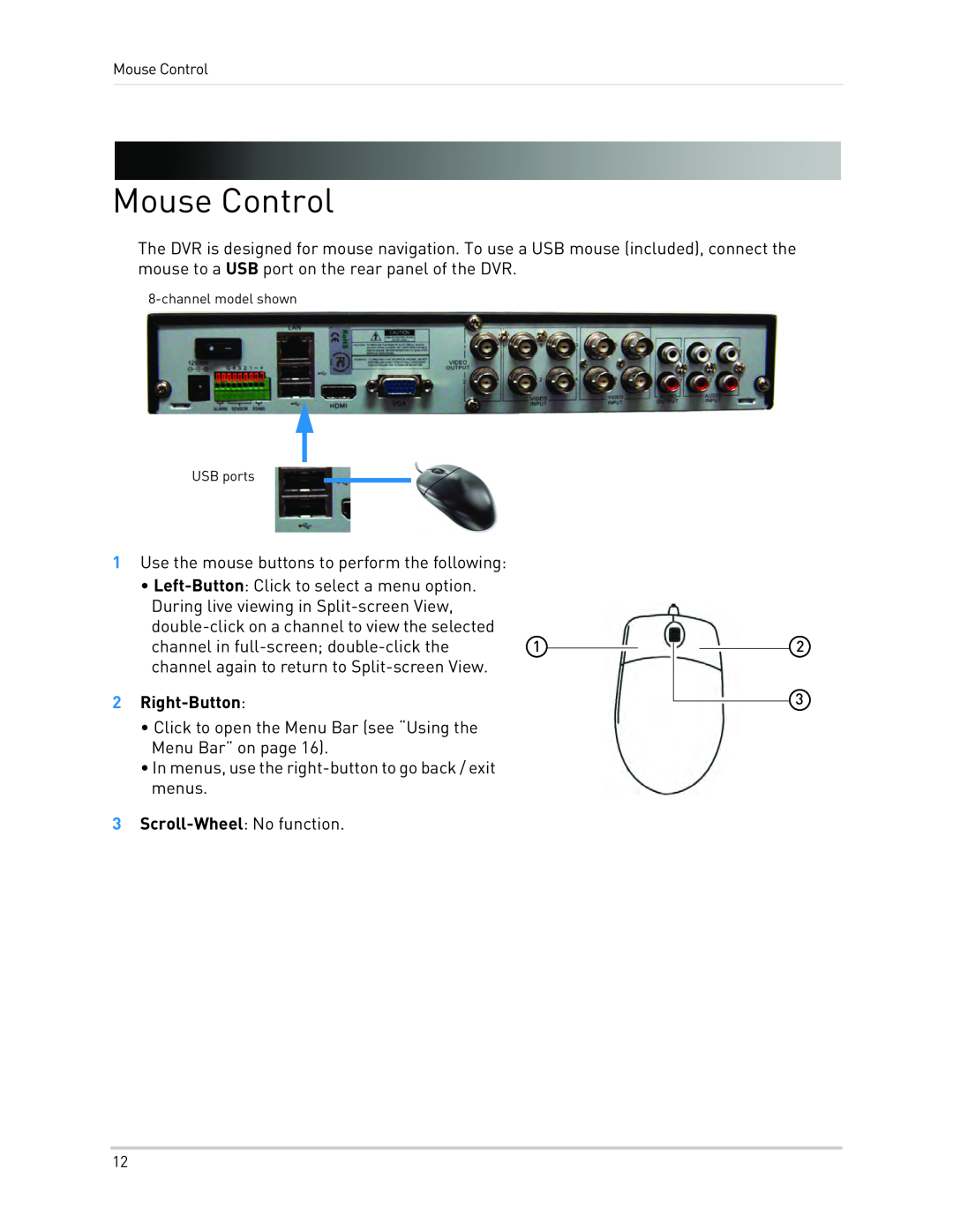 LOREX Technology LH1361001C8B, LH130 instruction manual Mouse Control, 2Right-Button 
