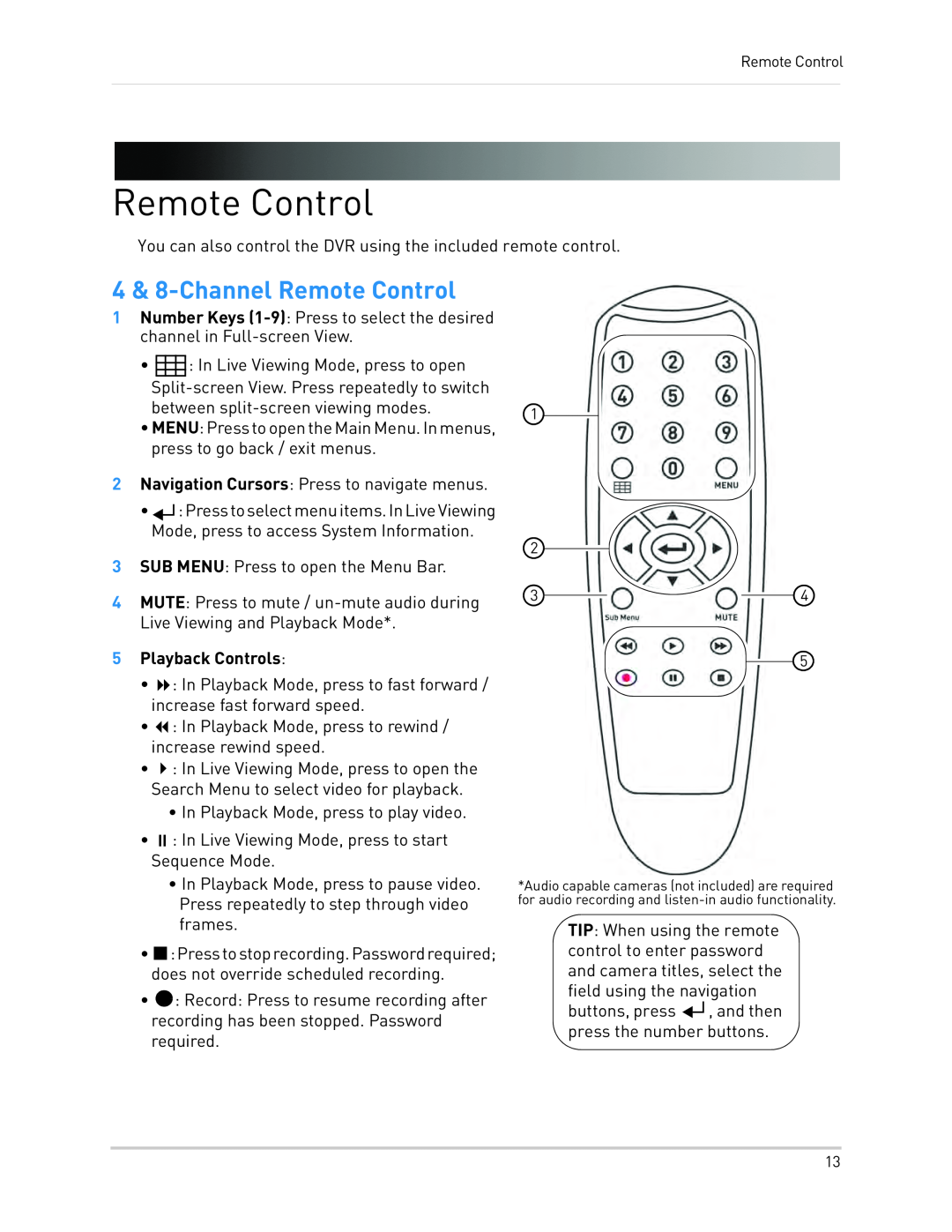 LOREX Technology LH130, LH1361001C8B instruction manual 4 & 8-ChannelRemote Control, 5Playback Controls 