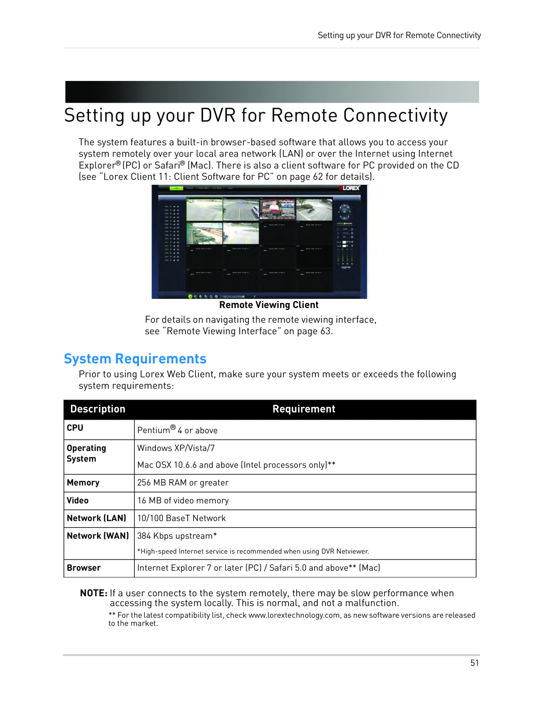 LOREX Technology LH130, LH1361001C8B Setting up your DVR for Remote Connectivity, System Requirements, Description 