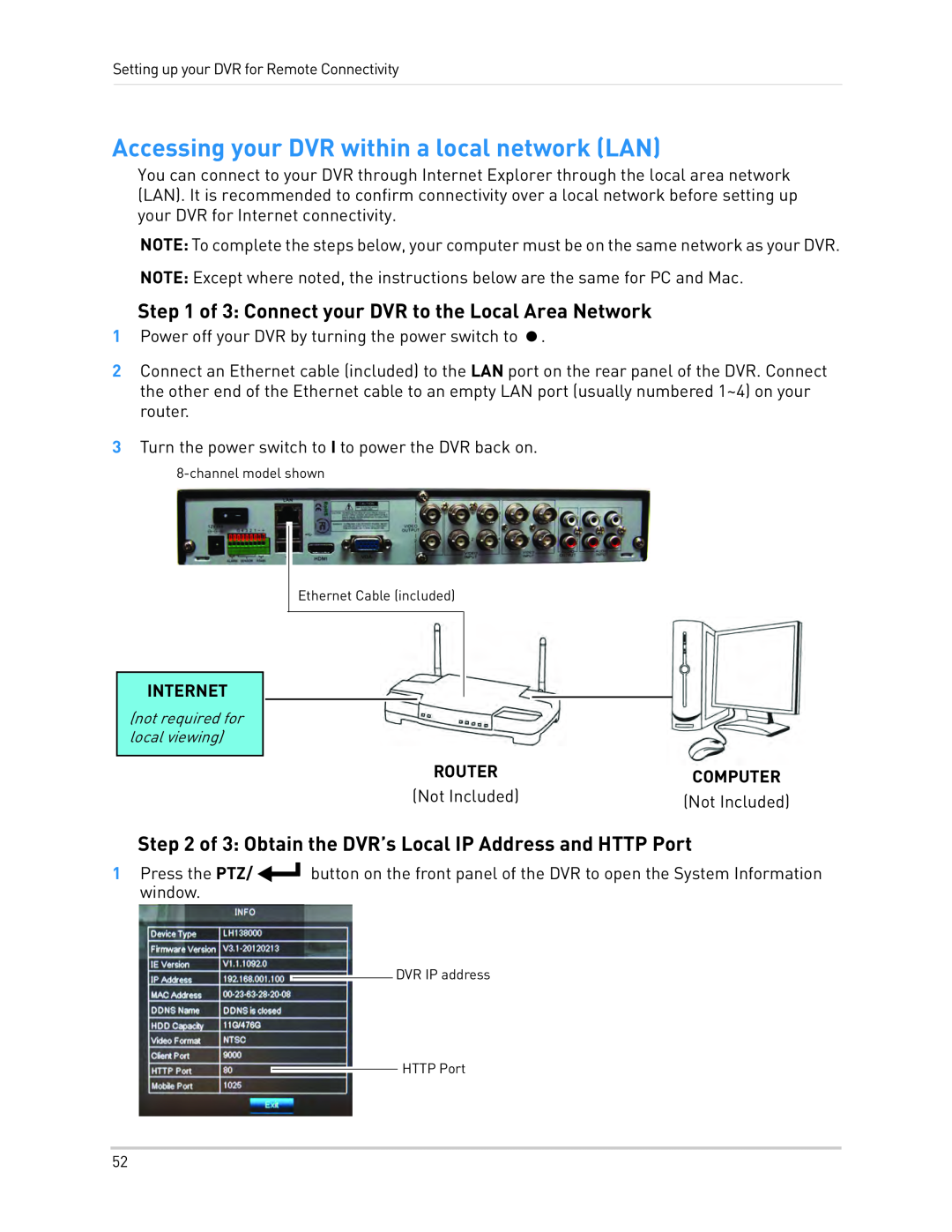 LOREX Technology LH1361001C8B, LH130 Accessing your DVR within a local network LAN, Internet, Not Included 