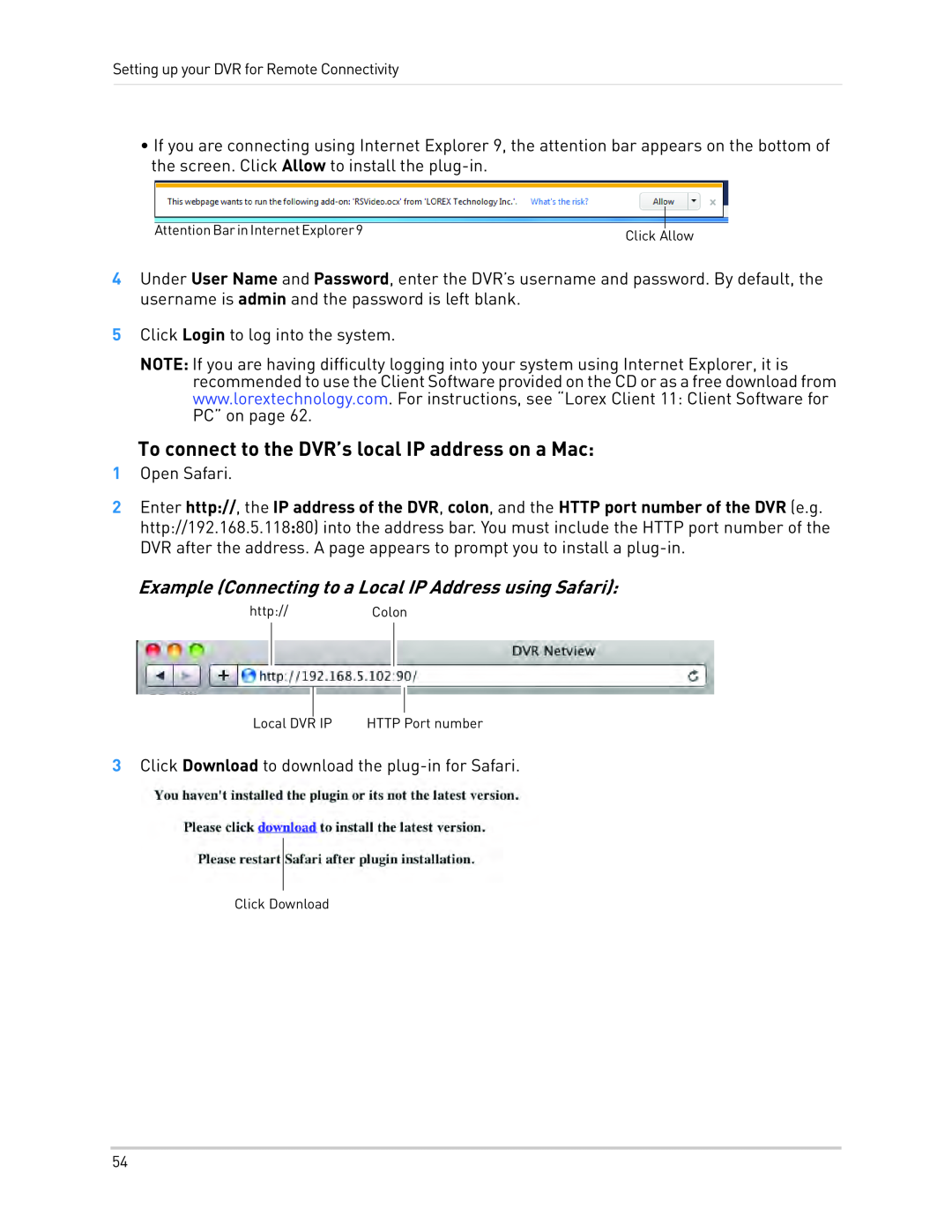 LOREX Technology LH1361001C8B, LH130 instruction manual To connect to the DVR’s local IP address on a Mac 