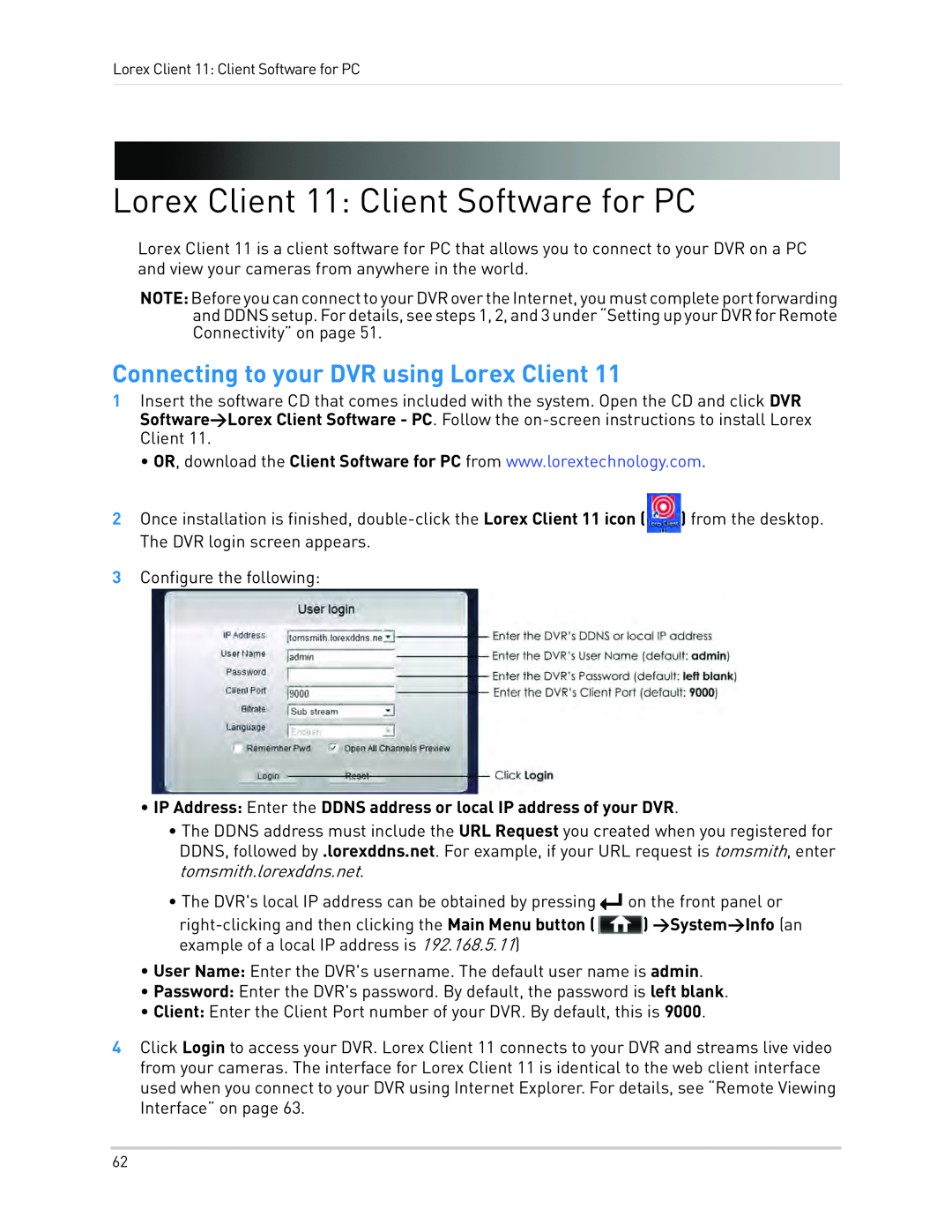 LOREX Technology LH1361001C8B, LH130 Lorex Client 11: Client Software for PC, Connecting to your DVR using Lorex Client 