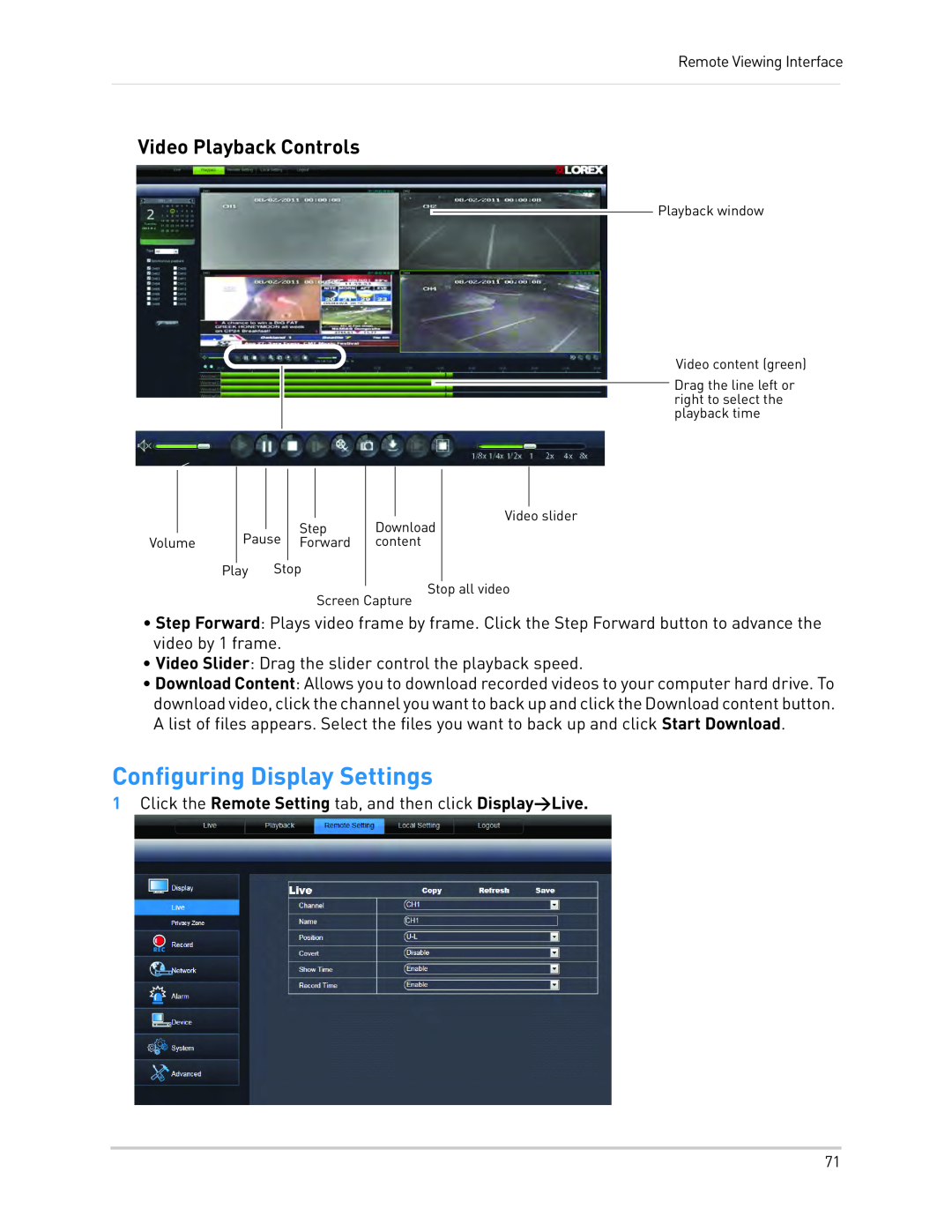 LOREX Technology LH130, LH1361001C8B instruction manual Configuring Display Settings, Video Playback Controls 