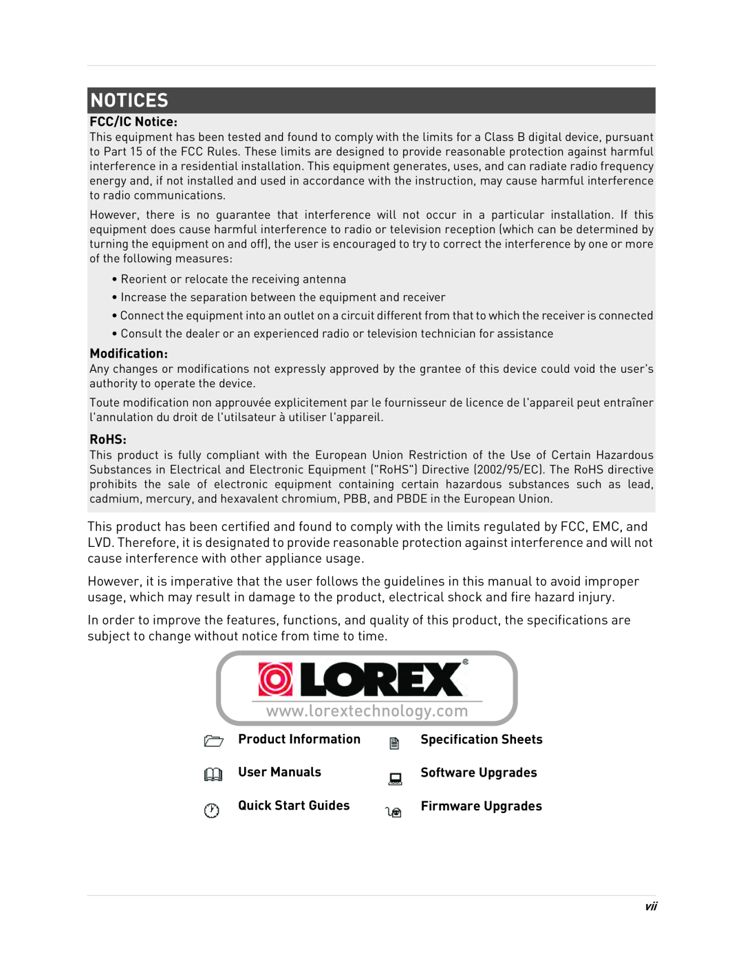 LOREX Technology LH130 Notices, FCC/IC Notice, Modification, RoHS, Product Information, User Manuals, Quick Start Guides 