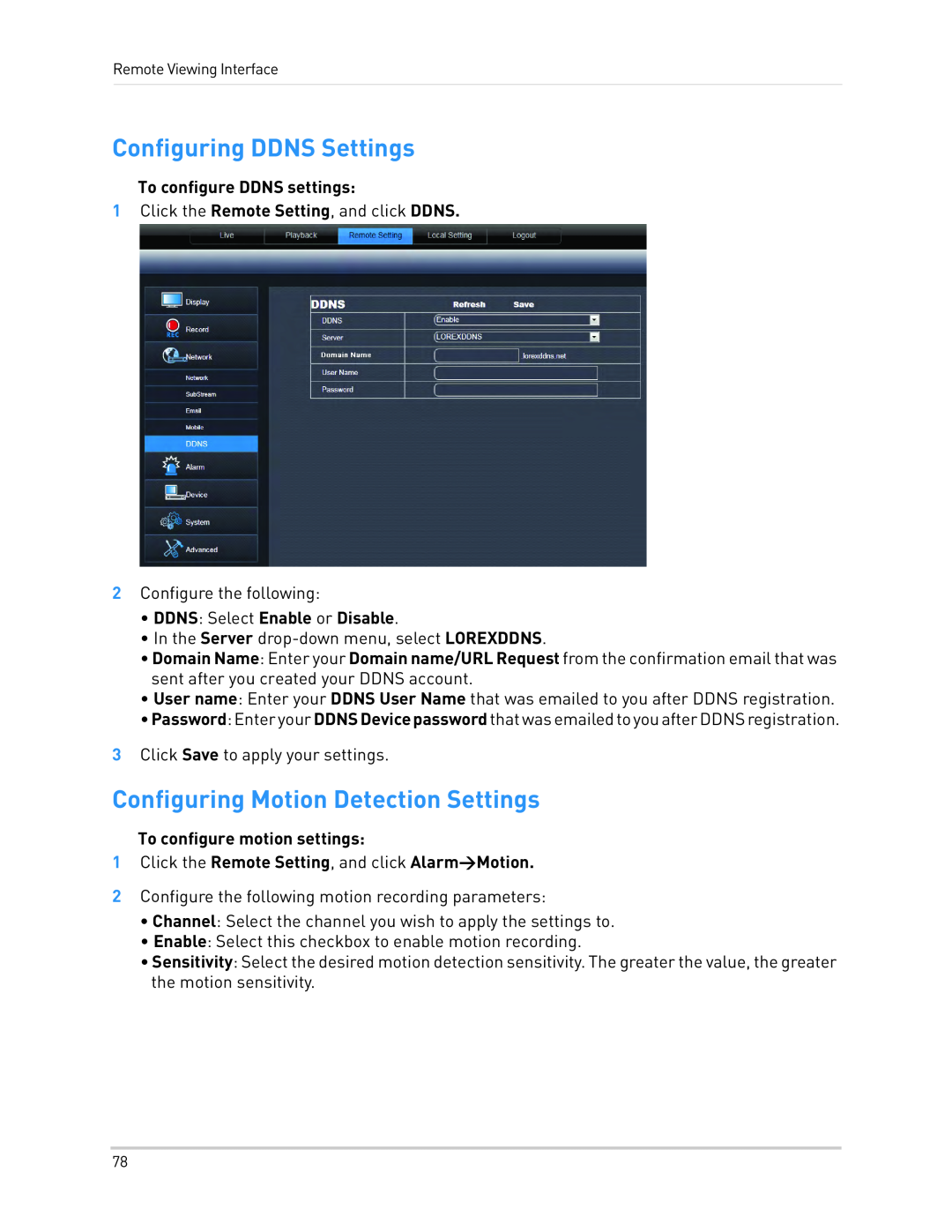 LOREX Technology LH1361001C8B Configuring DDNS Settings, Configuring Motion Detection Settings, To configure DDNS settings 