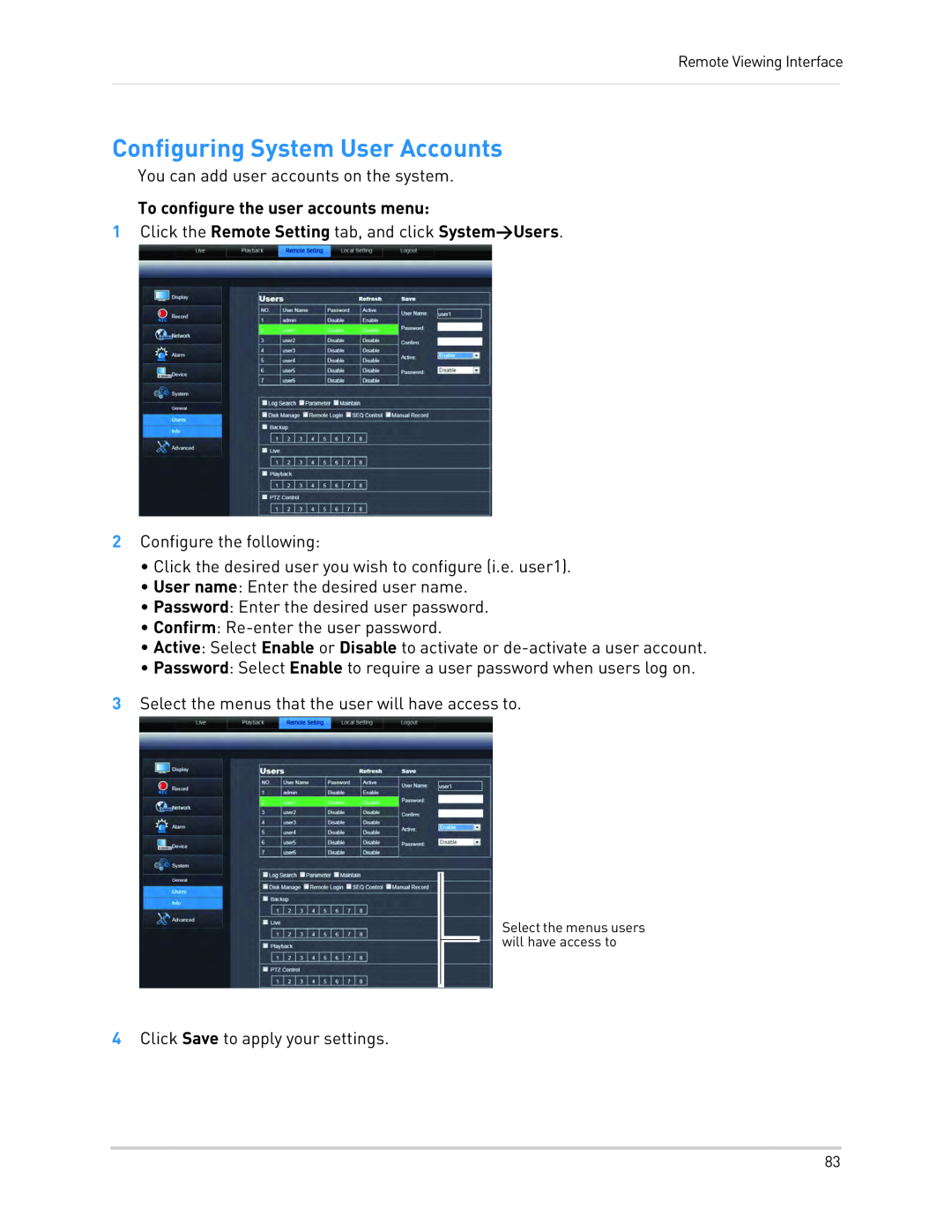 LOREX Technology LH130, LH1361001C8B Configuring System User Accounts, To configure the user accounts menu 