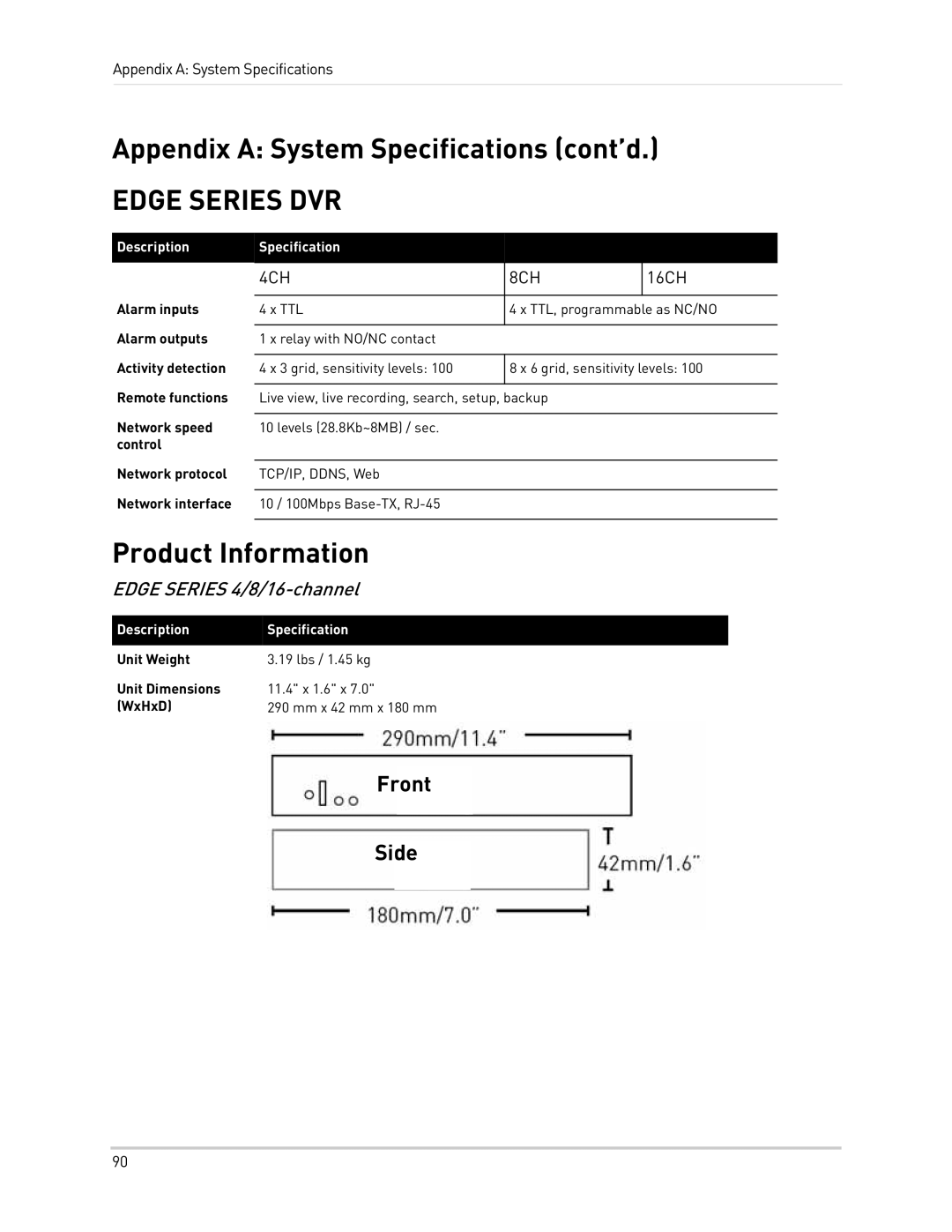 LOREX Technology LH300 Series instruction manual Appendix a System Specifications cont’d, Product Information, Front Side 