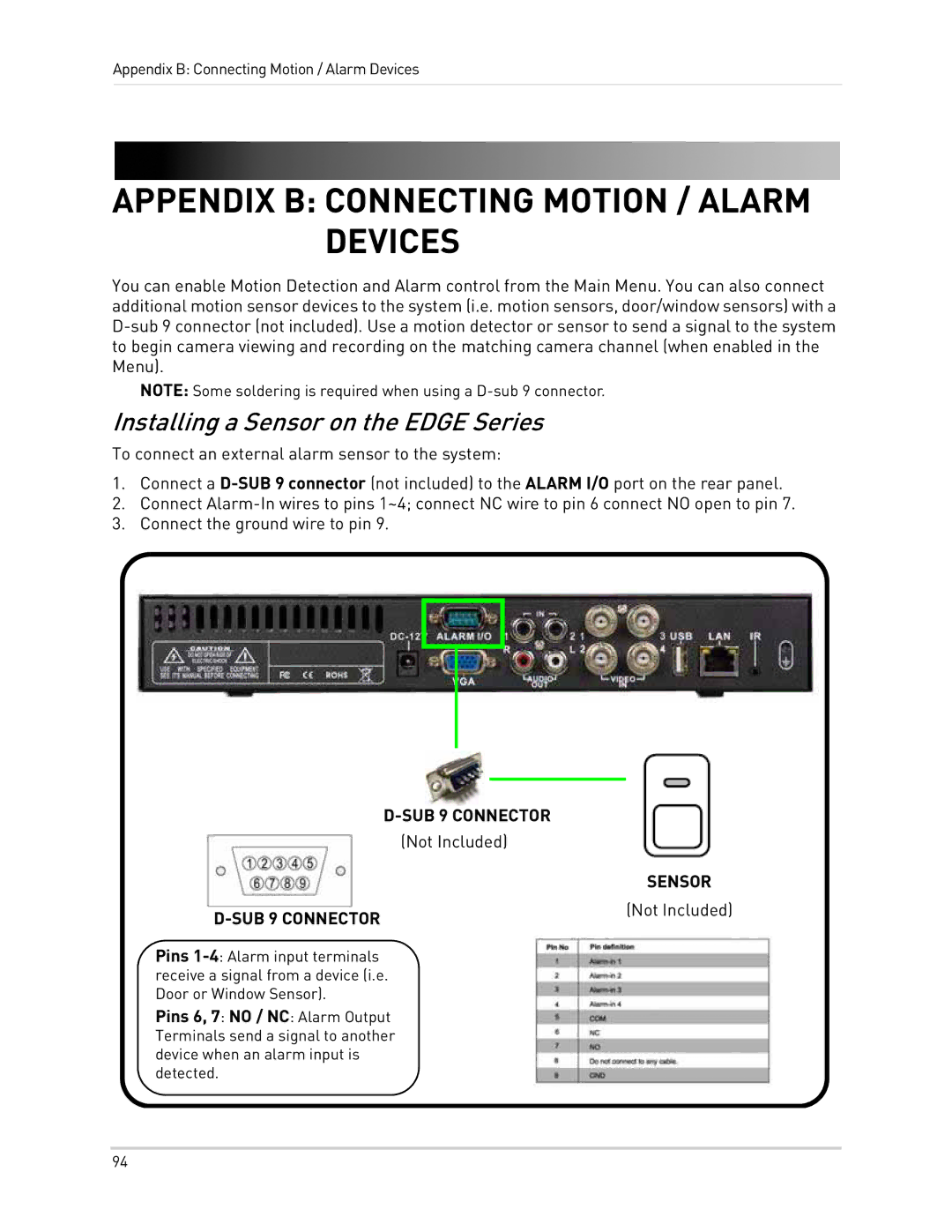 LOREX Technology LH300 Series Appendix B Connecting Motion / Alarm Devices, Installing a Sensor on the Edge Series 