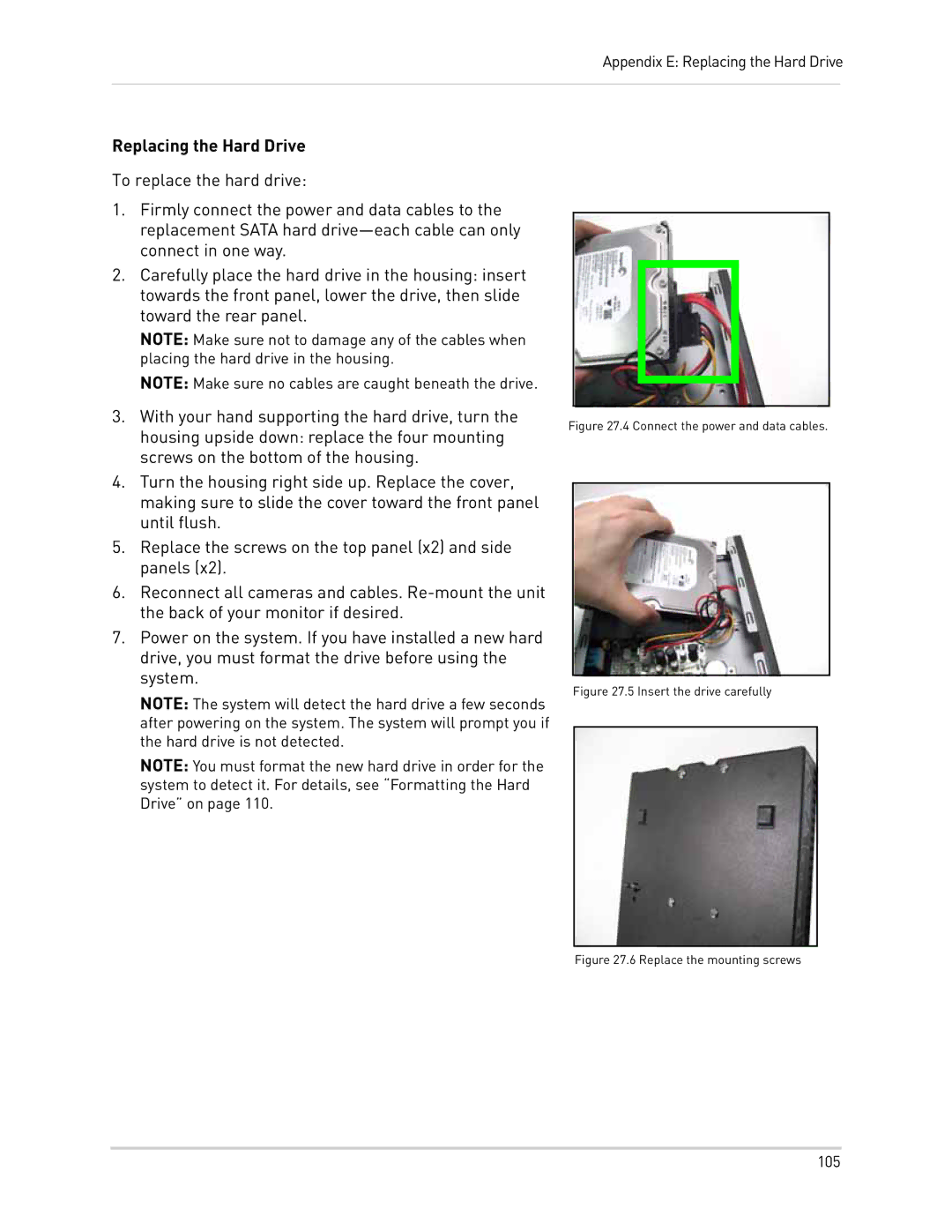 LOREX Technology LH300 Series instruction manual Replacing the Hard Drive, Connect the power and data cables 