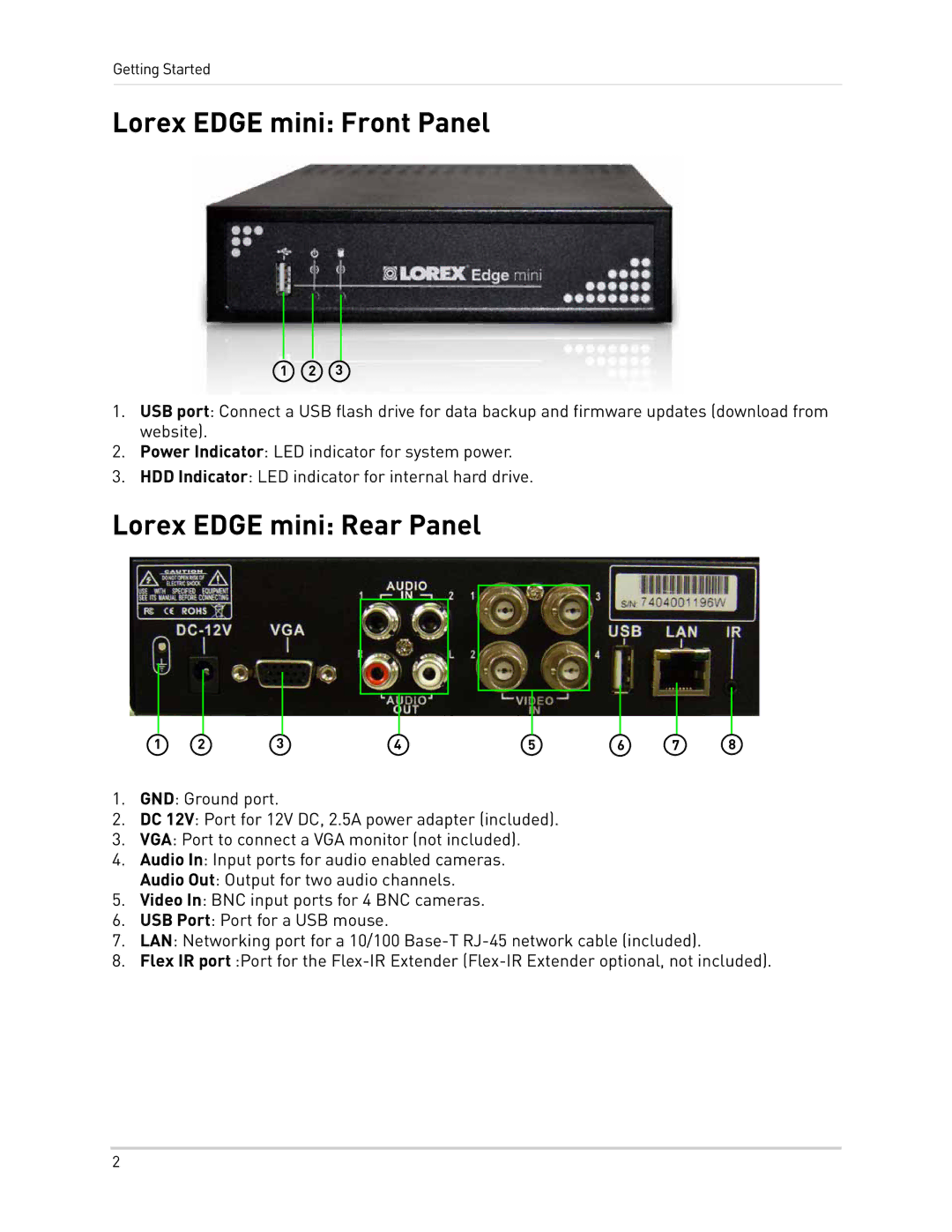 LOREX Technology LH300 Series instruction manual Lorex Edge mini Front Panel, Lorex Edge mini Rear Panel 