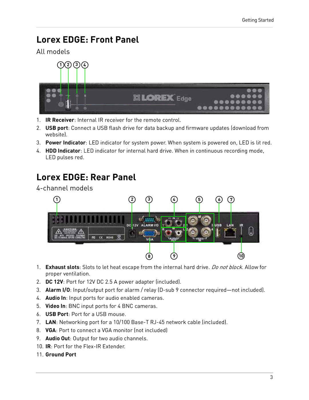 LOREX Technology LH300 Series instruction manual Lorex Edge Front Panel, Lorex Edge Rear Panel, Ground Port 