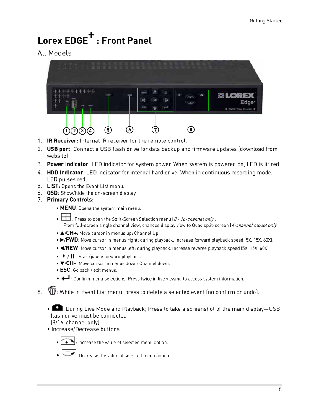 LOREX Technology LH300 Series instruction manual Lorex EDGE+ Front Panel, Primary Controls 