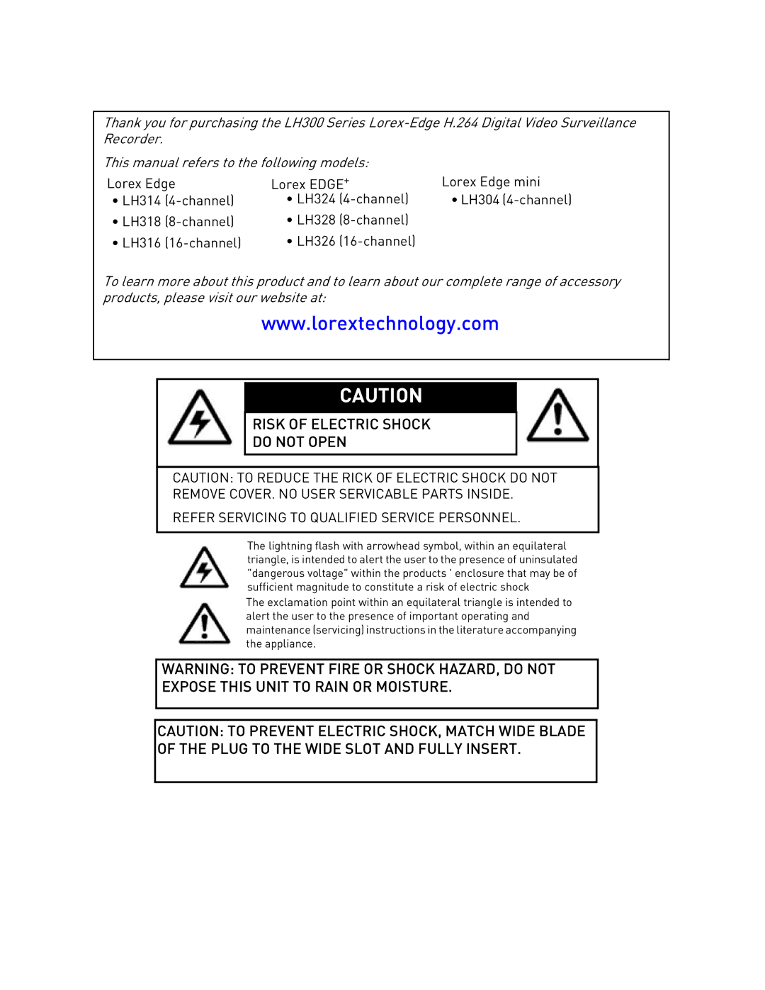 LOREX Technology LH300 Series instruction manual Expose this Unit to Rain or Moisture 