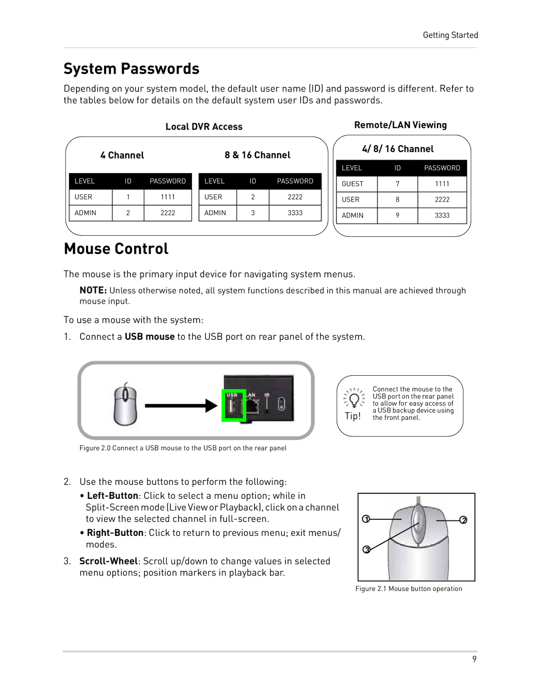 LOREX Technology LH300 Series instruction manual System Passwords, Mouse Control, Remote/LAN Viewing 16 Channel 