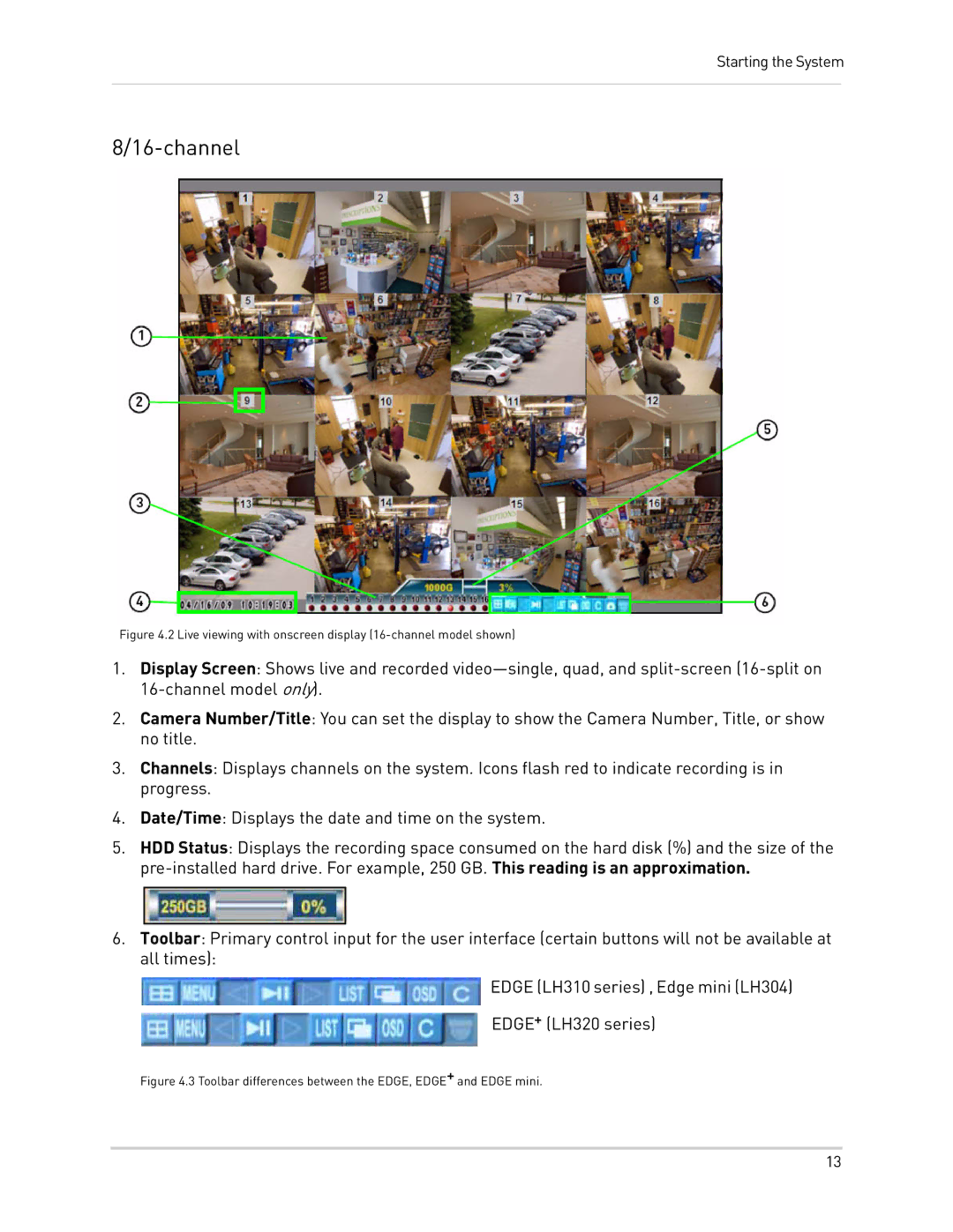 LOREX Technology LH300 Series instruction manual Live viewing with onscreen display 16-channel model shown 