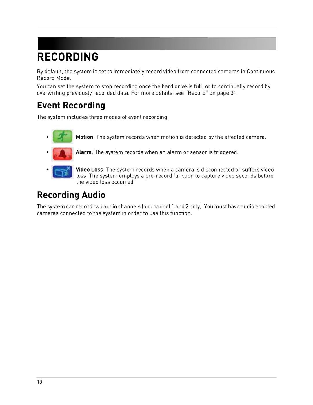 LOREX Technology LH300 Series instruction manual Event Recording, Recording Audio 