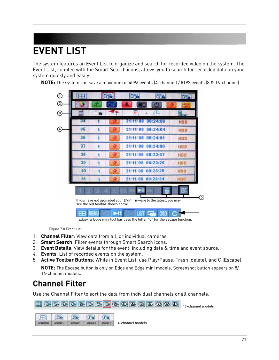 LOREX Technology LH300 Series instruction manual Event List, Channel Filter 