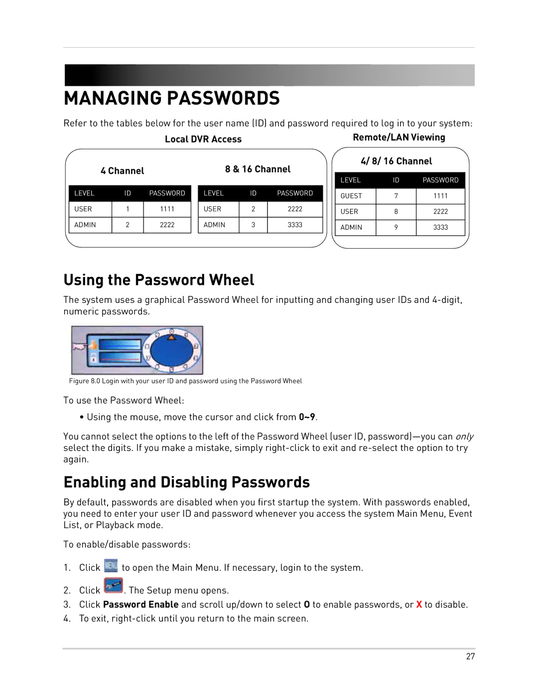 LOREX Technology LH300 Series Managing Passwords, Using the Password Wheel, Enabling and Disabling Passwords 