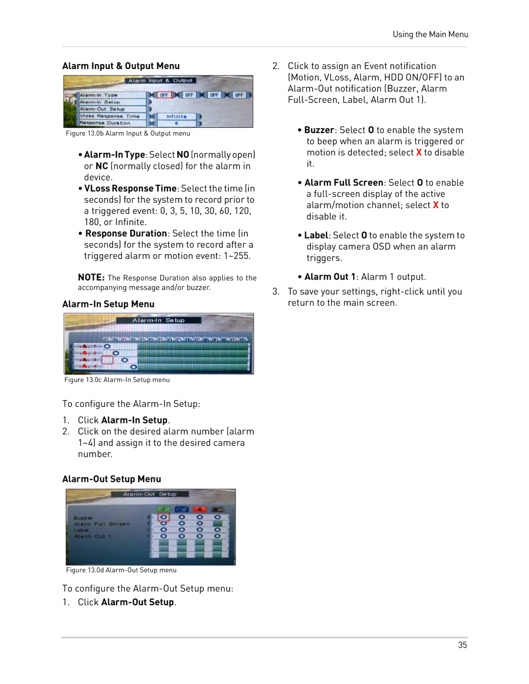 LOREX Technology LH300 Series Alarm Input & Output Menu, Alarm-In Setup Menu, Click Alarm-In Setup, Alarm-Out Setup Menu 