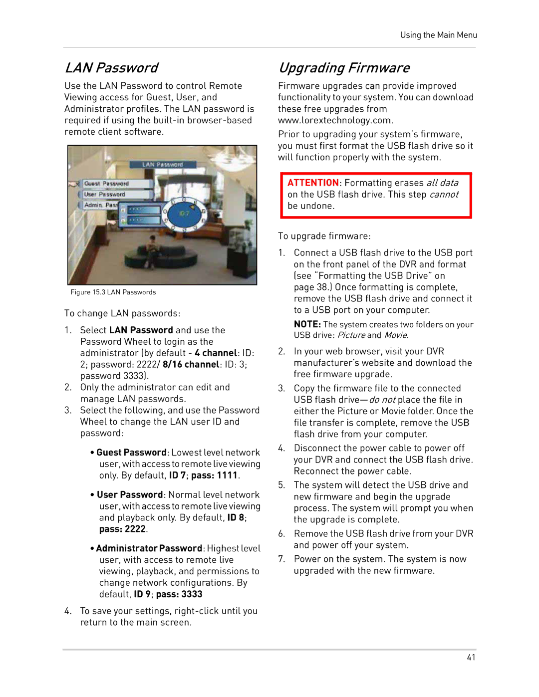 LOREX Technology LH300 Series instruction manual LAN Password, Upgrading Firmware 