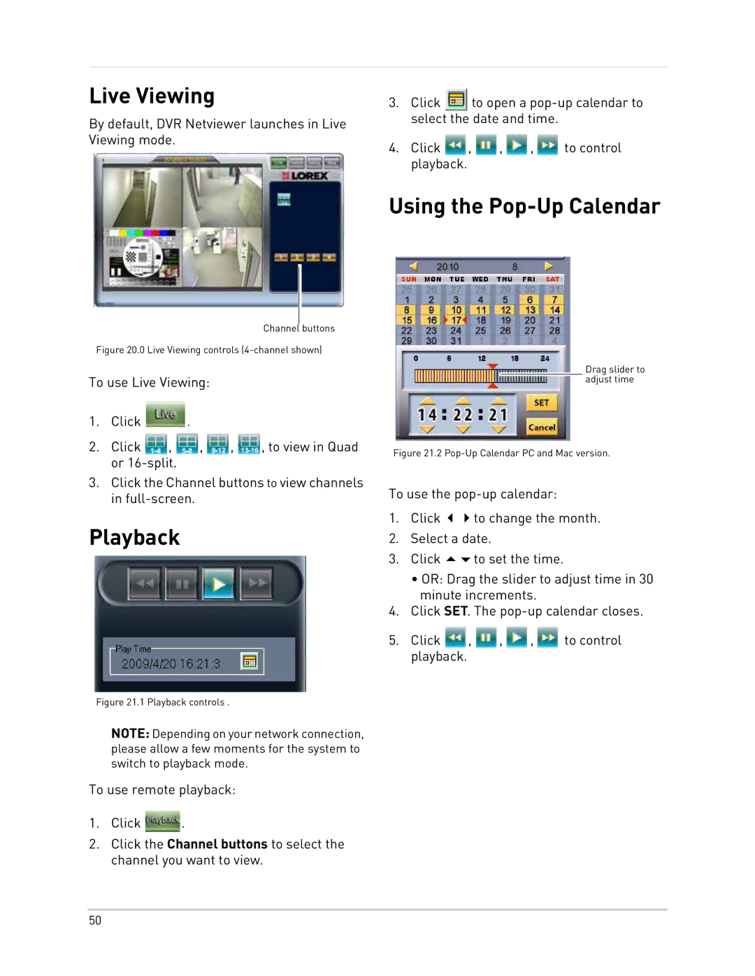 LOREX Technology LH300 Series instruction manual Live Viewing, Using the Pop-Up Calendar, Playback 