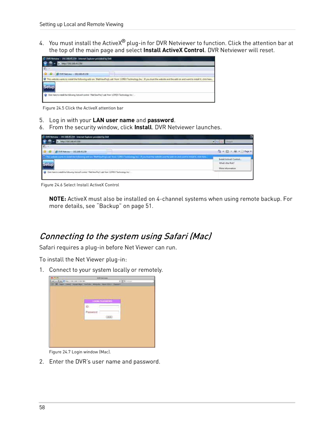 LOREX Technology LH300 Series instruction manual Connecting to the system using Safari Mac, Click the ActiveX attention bar 