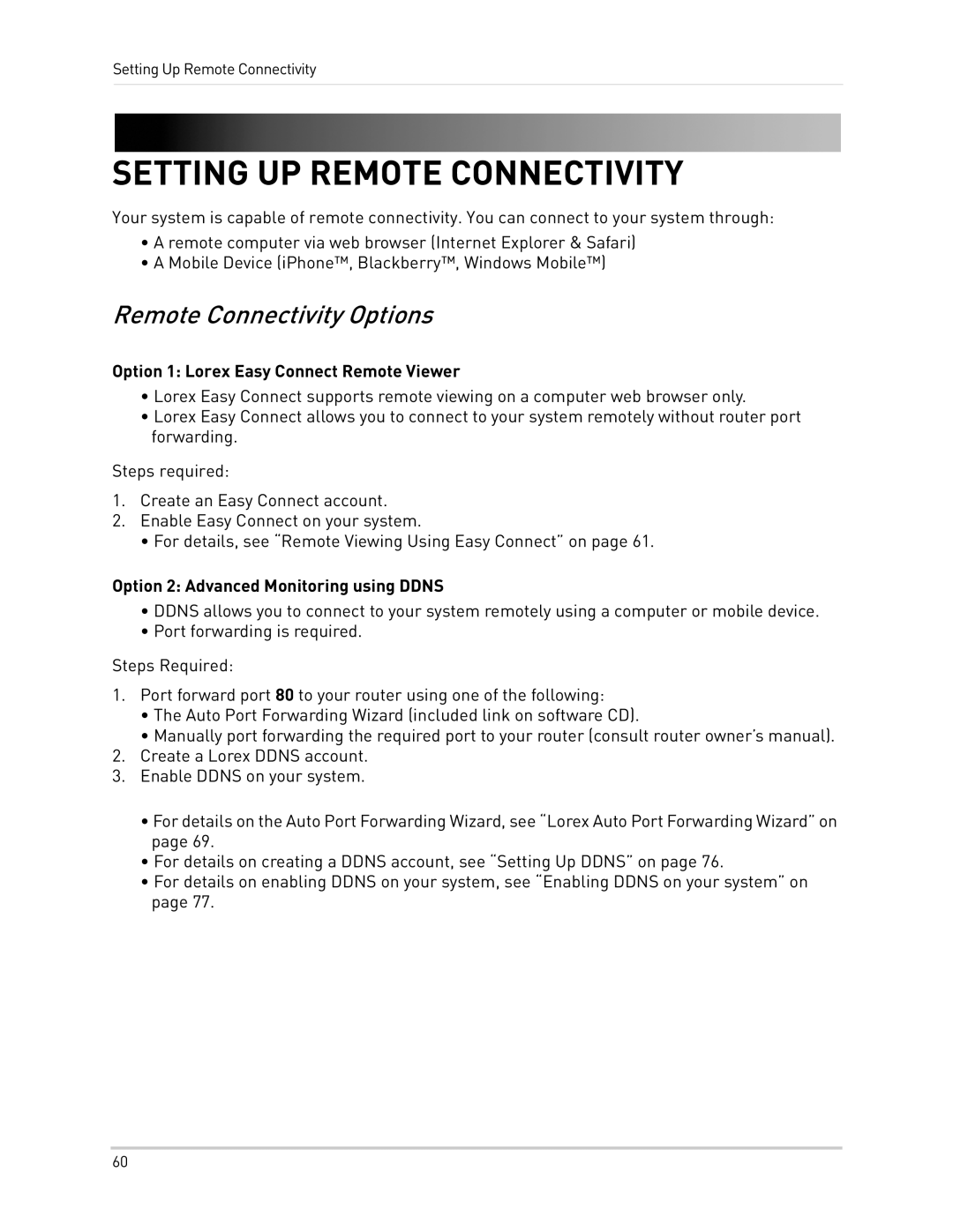 LOREX Technology LH300 Series instruction manual Setting UP Remote Connectivity, Remote Connectivity Options 