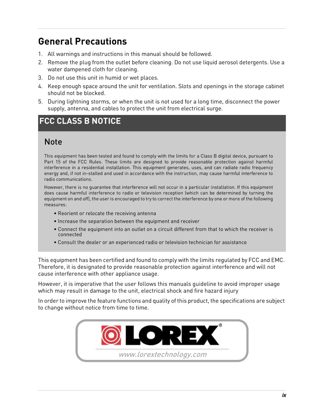 LOREX Technology LH300 Series instruction manual General Precautions, FCC Class B Notice 