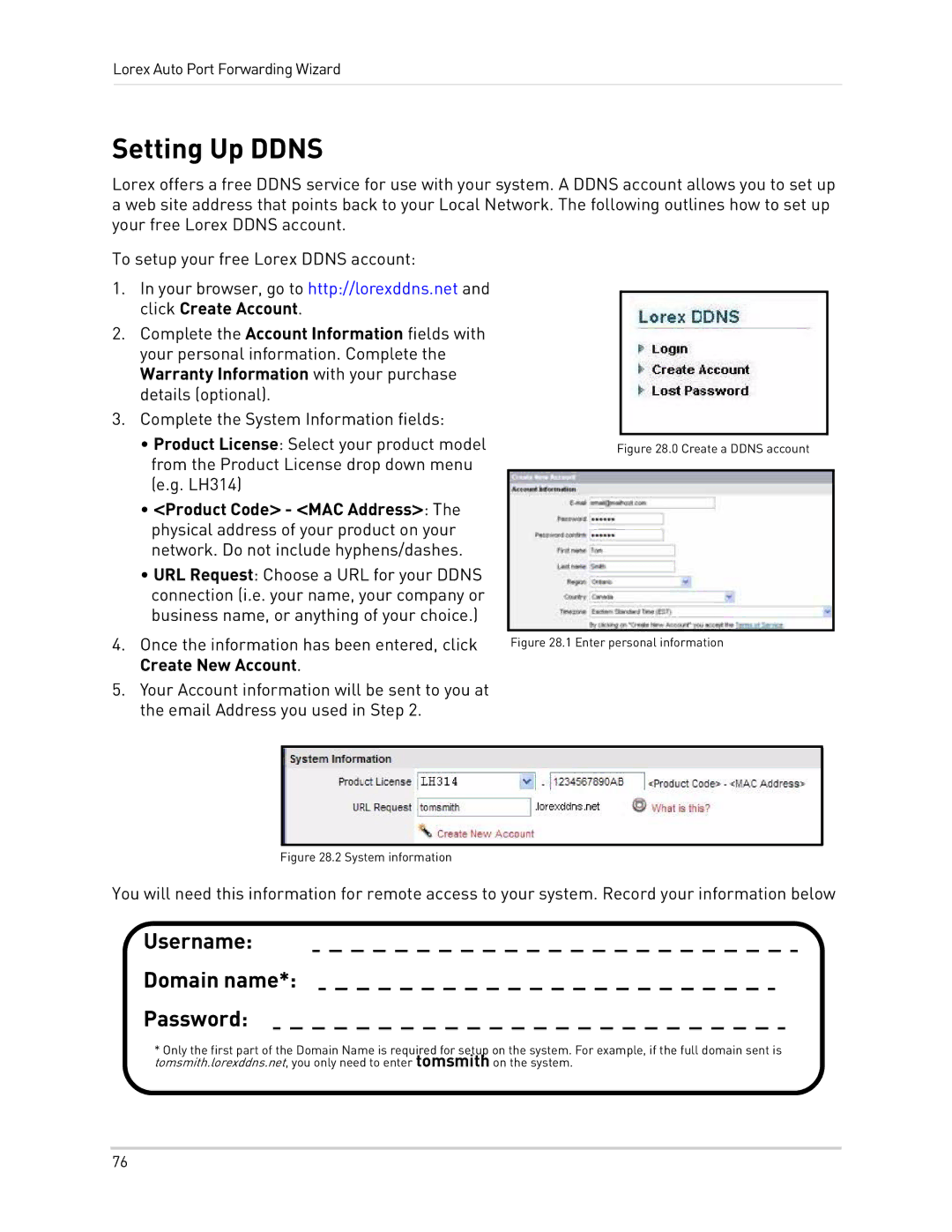 LOREX Technology LH300 Series instruction manual Setting Up Ddns, Username Domain name Password 