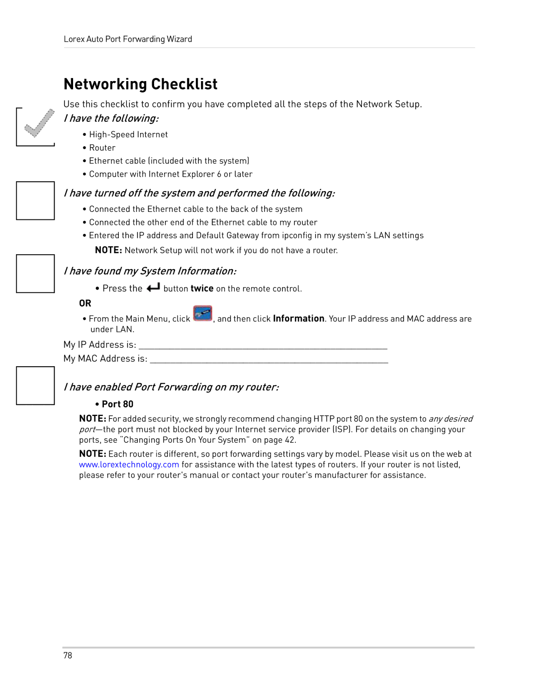 LOREX Technology LH300 Series instruction manual Networking Checklist, Port 