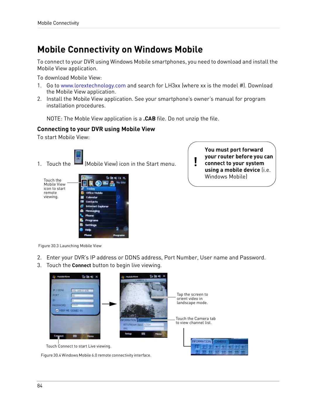 LOREX Technology LH300 Series Mobile Connectivity on Windows Mobile, Connecting to your DVR using Mobile View 