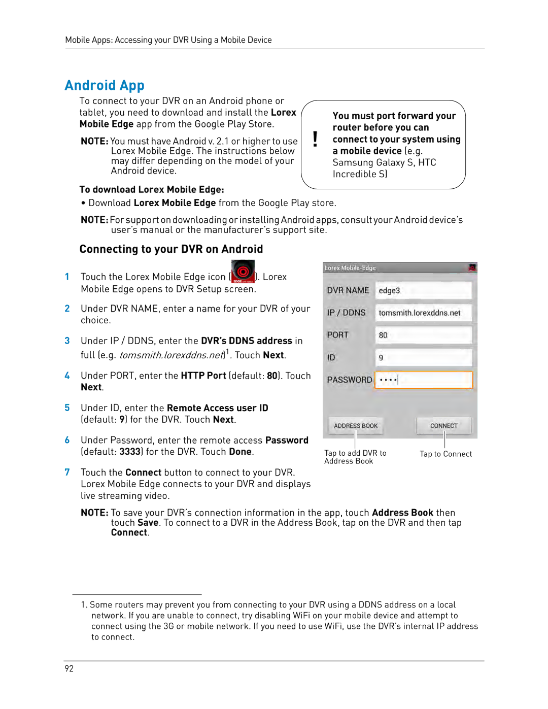 LOREX Technology LH330 EDGE2, LH340 EDGE3, LH3481001C8B instruction manual Android App, Connecting to your DVR on Android 