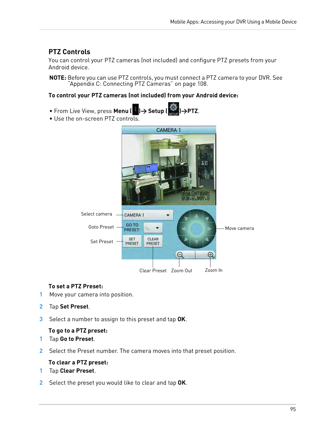 LOREX Technology LH330 EDGE2 PTZ Controls, To set a PTZ Preset, Tap Set Preset, To go to a PTZ preset Tap Go to Preset 