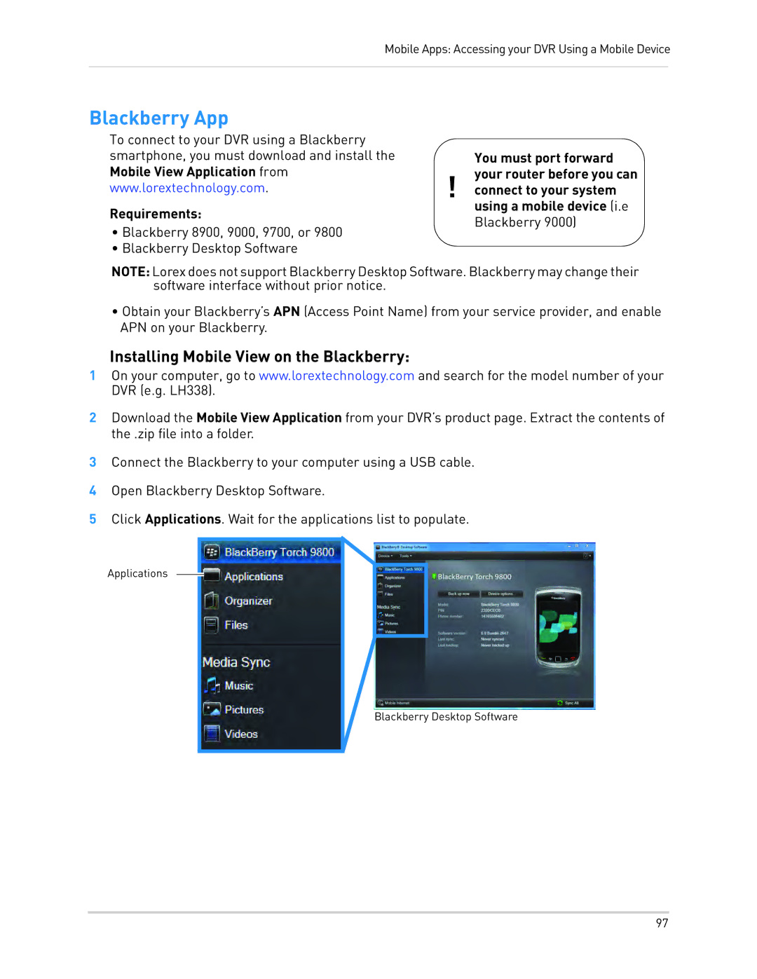 LOREX Technology LH3481001C8B, LH340 EDGE3 Blackberry App, Installing Mobile View on the Blackberry, Requirements 