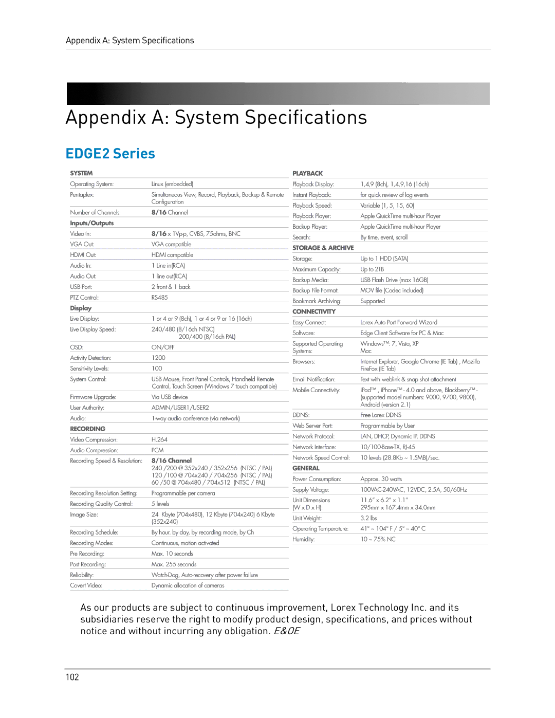 LOREX Technology LH340 EDGE3, LH3481001C8B, LH330 EDGE2 instruction manual Appendix a System Specifications, EDGE2 Series 