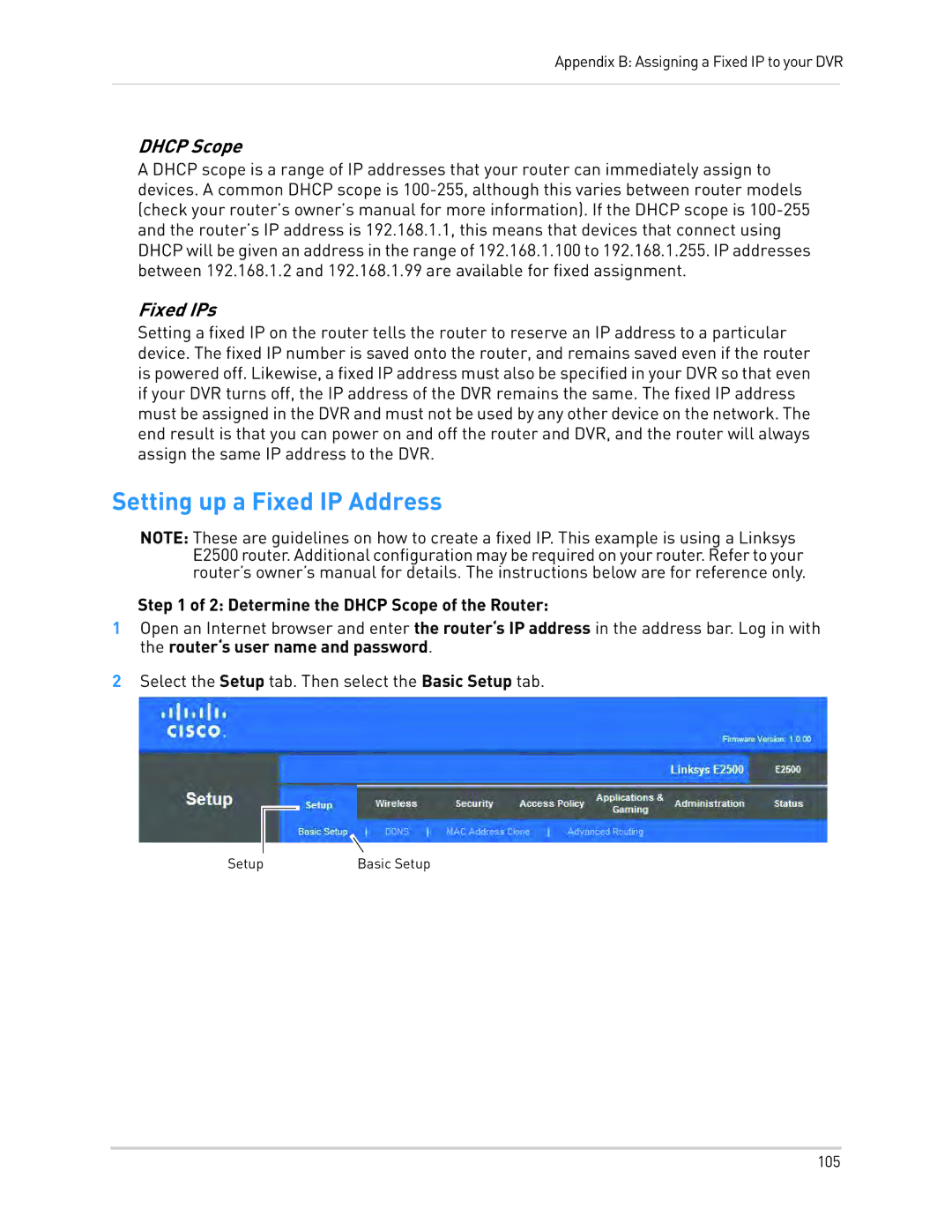 LOREX Technology LH340 EDGE3, LH3481001C8B Setting up a Fixed IP Address, Determine the Dhcp Scope of the Router 