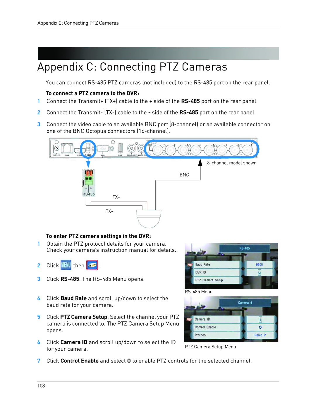 LOREX Technology LH340 EDGE3, LH3481001C8B Appendix C Connecting PTZ Cameras, To connect a PTZ camera to the DVR 