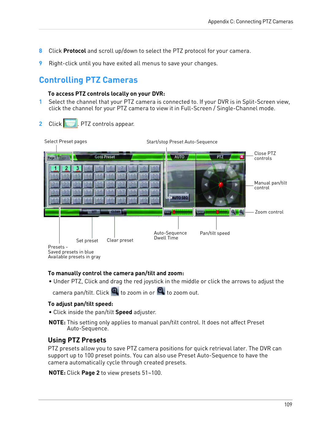 LOREX Technology LH3481001C8B Controlling PTZ Cameras, Using PTZ Presets, To access PTZ controls locally on your DVR 