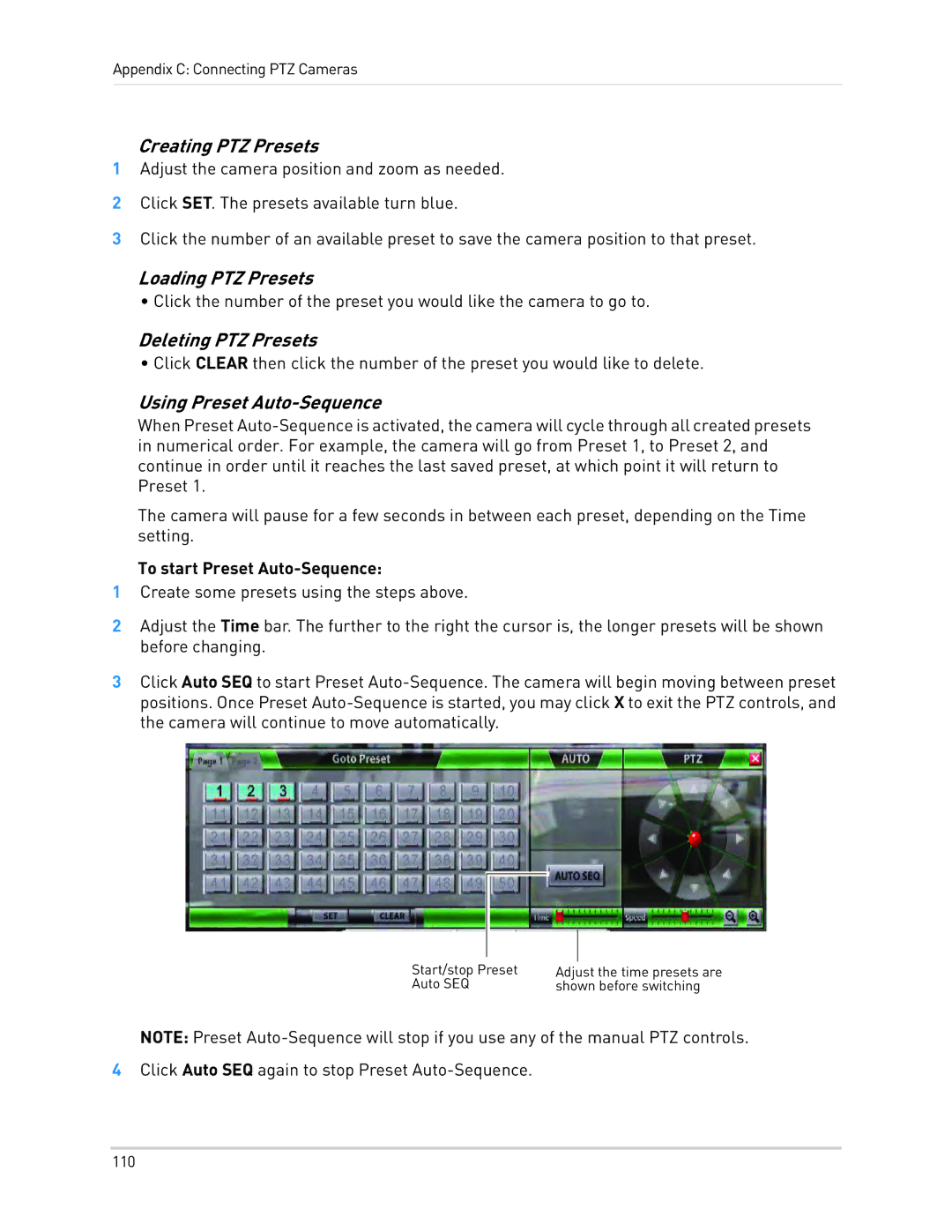 LOREX Technology LH330 EDGE2, LH340 EDGE3, LH3481001C8B Creating PTZ Presets, To start Preset Auto-Sequence 