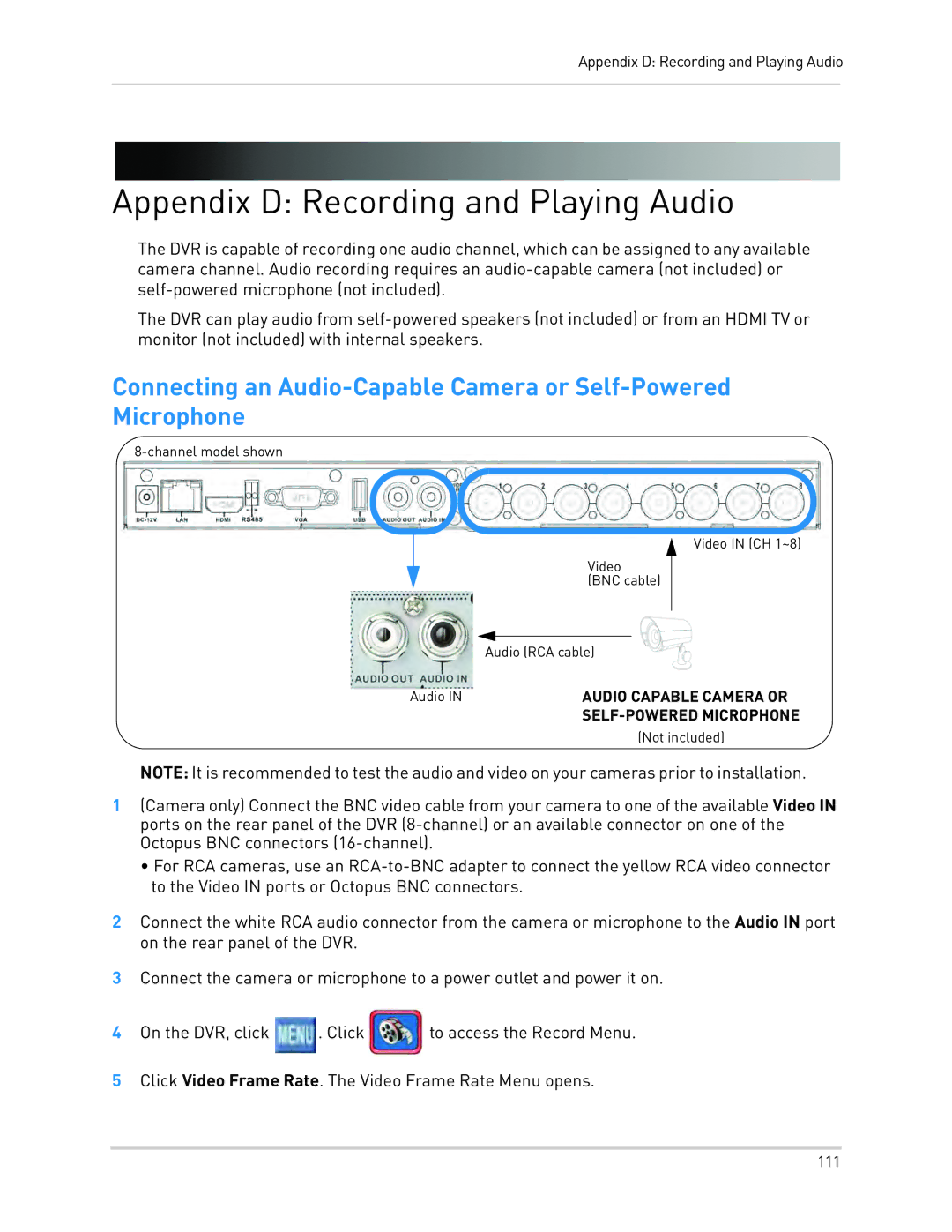 LOREX Technology LH340 EDGE3, LH3481001C8B, LH330 EDGE2 instruction manual Appendix D Recording and Playing Audio 