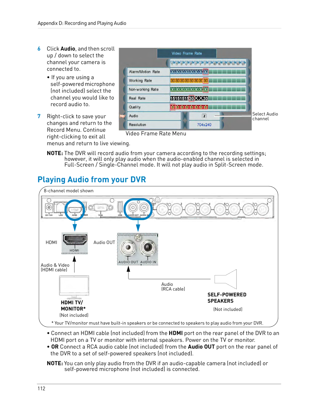 LOREX Technology LH3481001C8B, LH340 EDGE3, LH330 EDGE2 Playing Audio from your DVR, Hdmi TV Speakers Monitor 