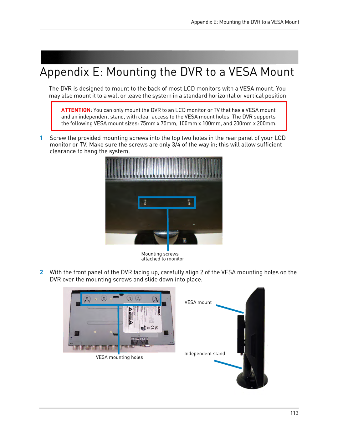 LOREX Technology LH330 EDGE2, LH340 EDGE3, LH3481001C8B instruction manual Appendix E Mounting the DVR to a Vesa Mount 