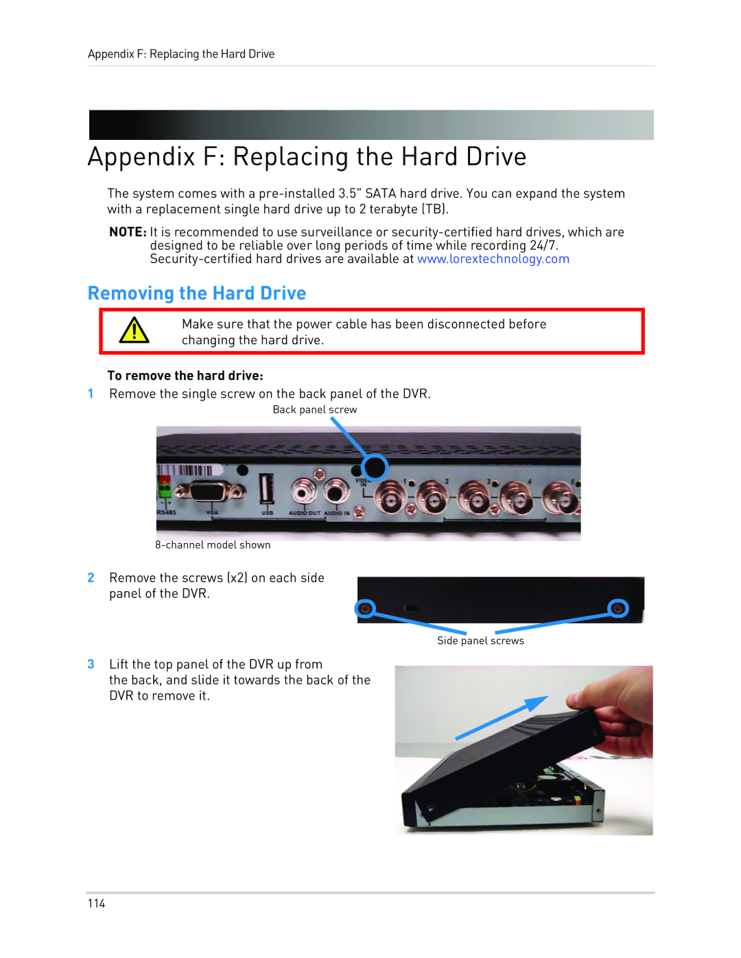 LOREX Technology LH340 EDGE3 Appendix F Replacing the Hard Drive, Removing the Hard Drive, To remove the hard drive 