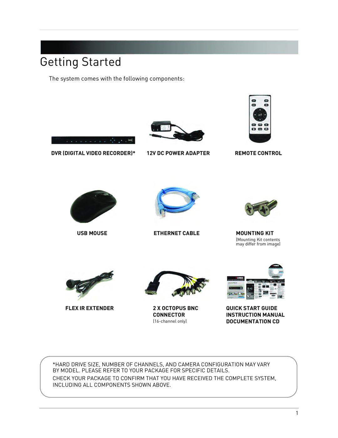 LOREX Technology LH3481001C8B, LH340 EDGE3, LH330 EDGE2 Getting Started, System comes with the following components 