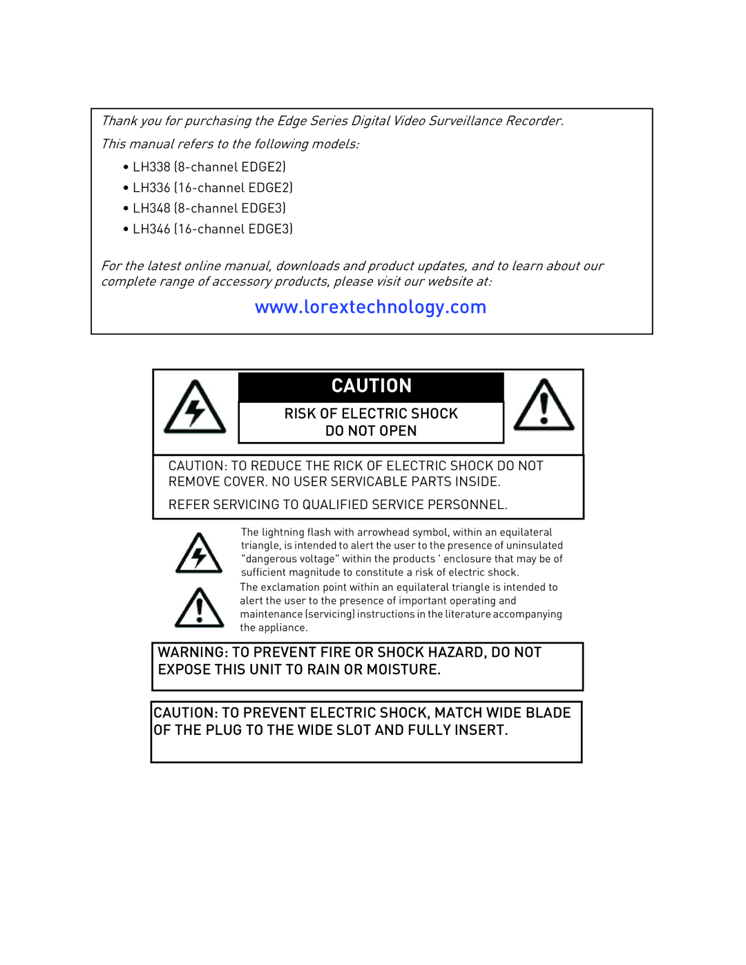 LOREX Technology LH330 EDGE2, LH340 EDGE3, LH3481001C8B instruction manual Risk of Electric Shock Do not Open 