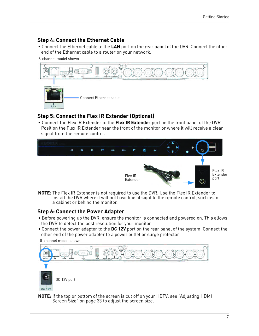 LOREX Technology LH3481001C8B Connect the Ethernet Cable, Connect the Flex IR Extender Optional, Connect the Power Adapter 