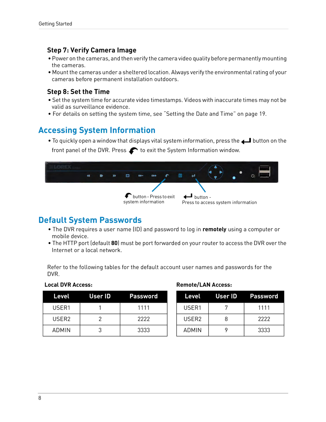 LOREX Technology LH330 EDGE2 Accessing System Information, Default System Passwords, Verify Camera Image, Set the Time 