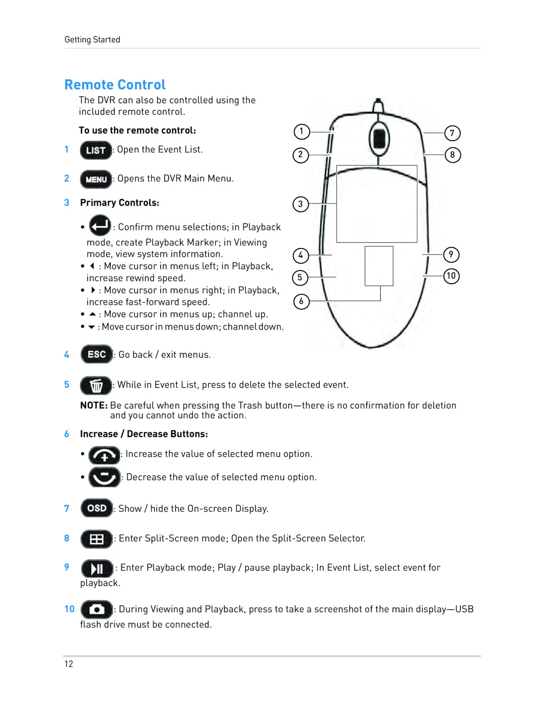 LOREX Technology LH340 EDGE3 Remote Control, To use the remote control, Primary Controls, Increase / Decrease Buttons 