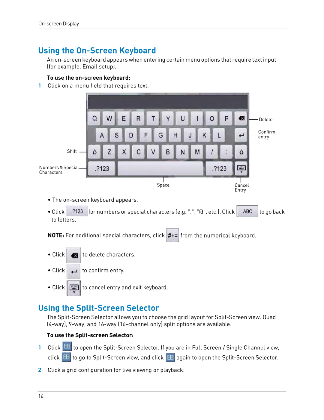 LOREX Technology LH3481001C8B Using the On-Screen Keyboard, Using the Split-Screen Selector, To use the on-screen keyboard 