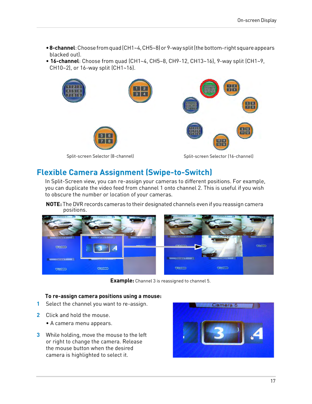 LOREX Technology LH330 EDGE2 Flexible Camera Assignment Swipe-to-Switch, To re-assign camera positions using a mouse 